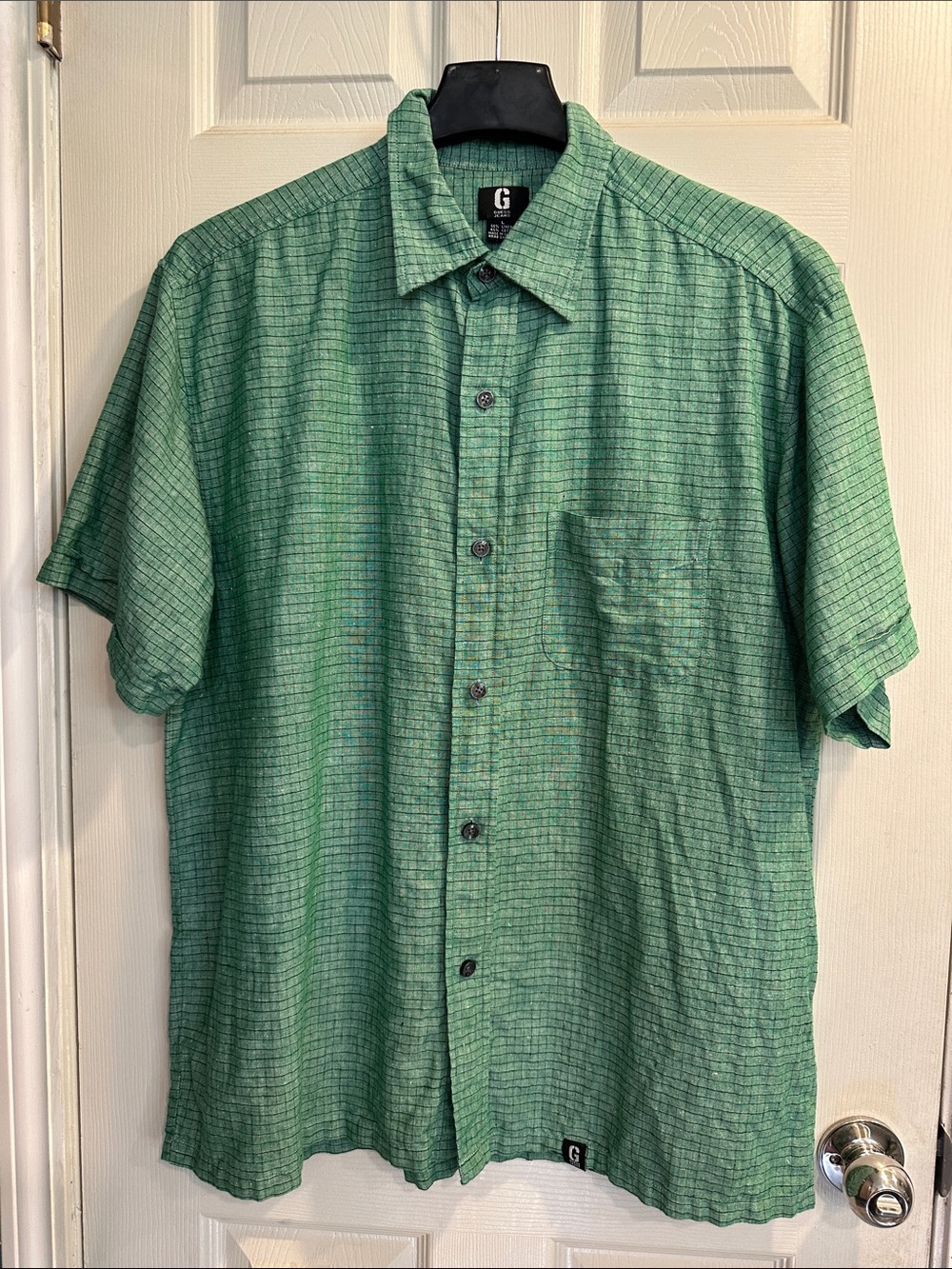 G by Guess Men's Linen Cotton Short Sleeve Button-Up Shirt in Green Size L
